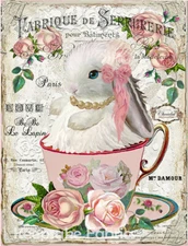 Bunny Teacup Roses Collage Art Repro Fabric Crazy Quilt Block Free Shipping (H7