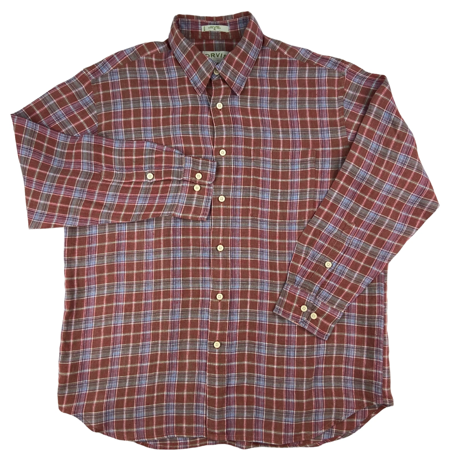 ORVIS Mens Long Sleeve Hidden Button Down 100% Linen Shirt Plaid Size XL