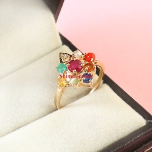 Authentic Natural Navaratna Gemstone With 18k Gold Plated Silver Women's Ring #1145