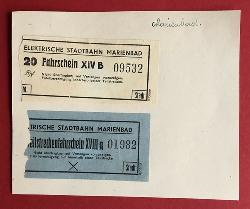2 billetes antiguos pegados en papel MARIENBAD tranvía eléctrico (F19666