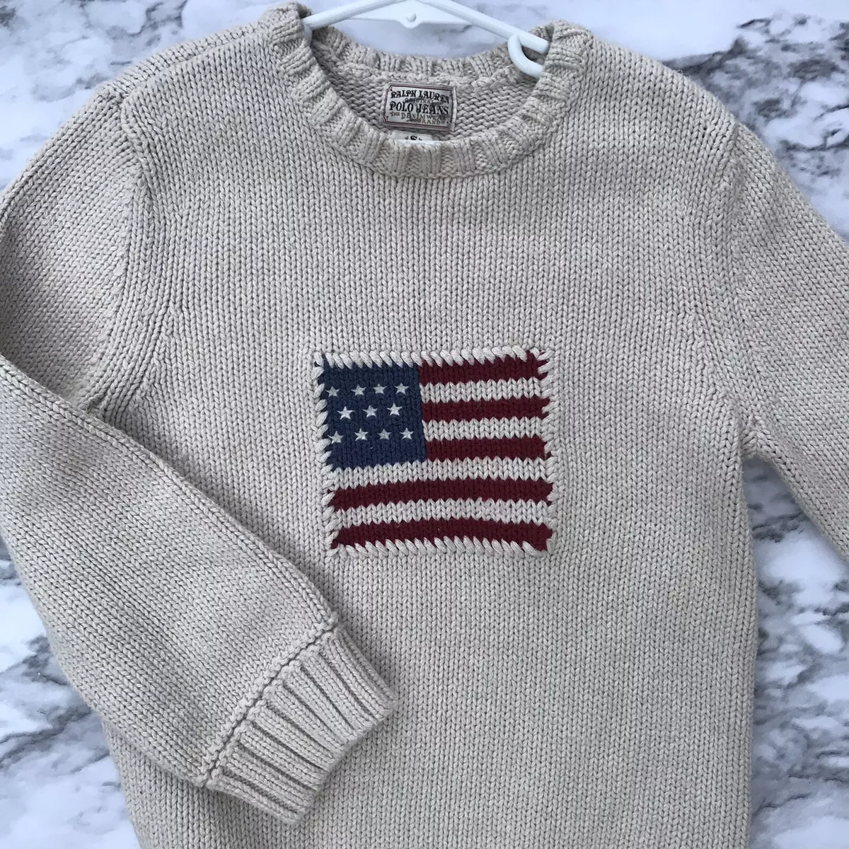 Vtg 80s Ralph Lauren Kids Flag Sweater Crew Neck US Flag Knit Made
