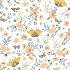 Wallpaper Coral Peach Butterfly Floral on Whi...