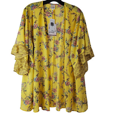 Belle Du Jour Womens 2X Yellow Floral SS Boho Flowy Rayon Festival NWT Jacket