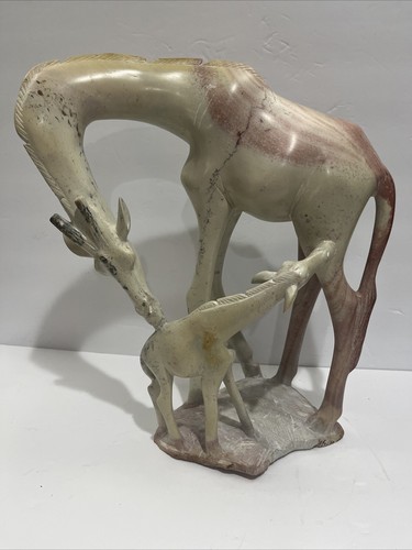 Large Giraffes Hand Carved Soapstone Marble Statue 15.5” Kenya Signed By Mbuva