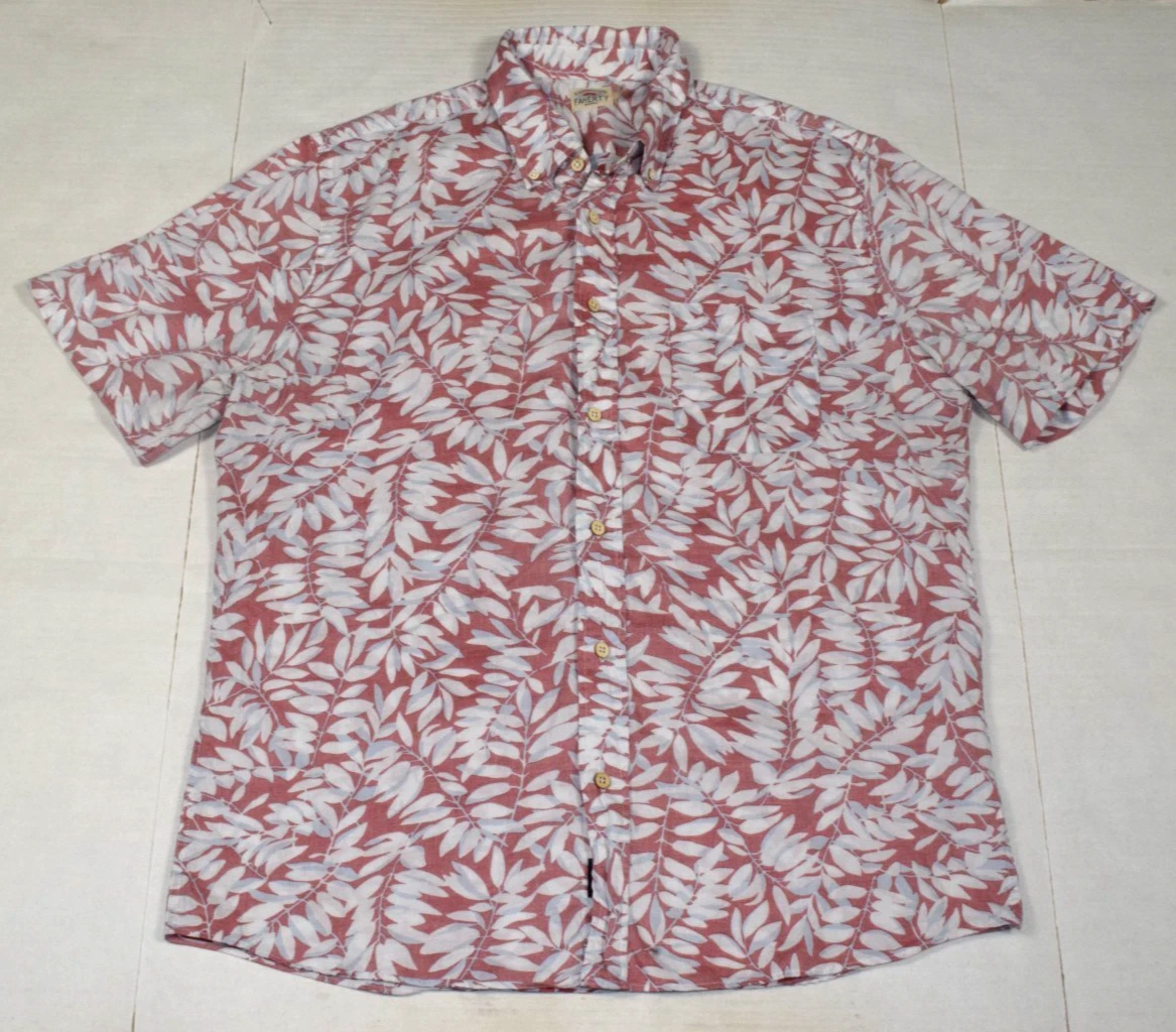Mens Shirt Flaherty Size L Red White Hawaiian Leaf Print Pure Cotton
