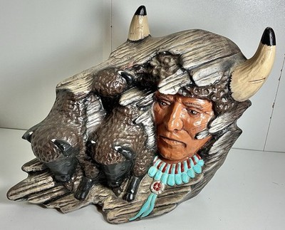 Vintage Hand Painted Native American Indian, Bison Horn Ceramic Bust 9'' x 8''