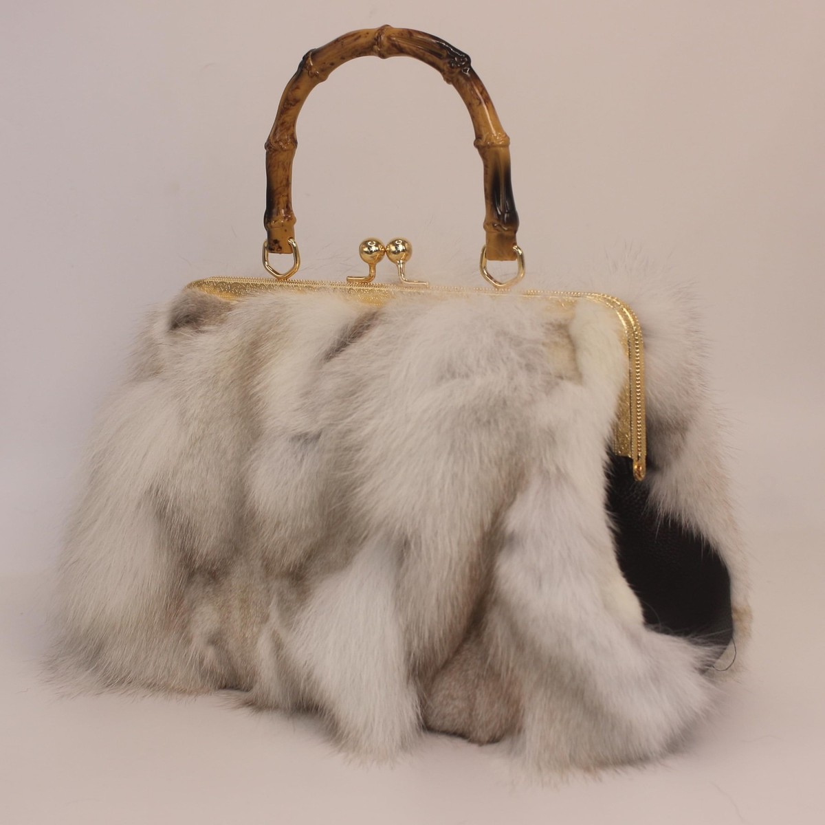 Real Fox Fur Handbag – Vintage Kisslock Purse with Bamboo Handle