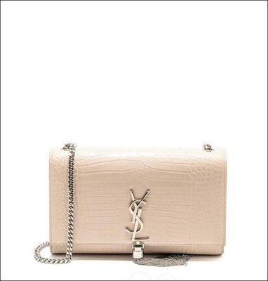 New Saint Laurent Kate Bag Handbag Monogram Croc Embossed Tassel Crossbody Beige