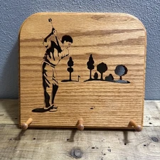 Vintage Wood Golfers Art Cutout Hook 3 Pegs Man Cave Office Rare 10”x9.25”