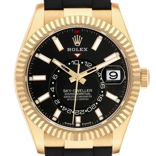 Rolex Sky-Dweller Yellow Gold Black Dial Oysterflex Mens Watch 336238 Unworn