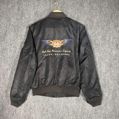 Vintage Harley Davidson Bomber Jacket Mens Small S Black Route 66 Satin Riding