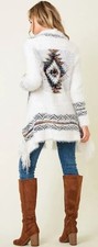 Aztec Tribal southwestern boho white embroidered fuzzy cardigan sweater Large L