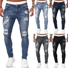 Mens Denim Ripped Jeans Skinny Stretch Distressed Pants Blue Slim Fit Trousers