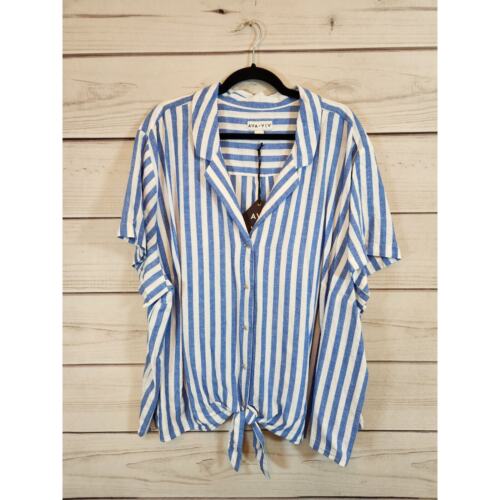 Ava & Viv Women's Blue White Stripe Short Sleeve Button Front Blouse Size 4X NWT