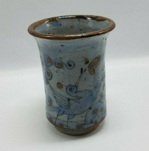 Pottery Clay Glazed Handmade Very Cute Mug Cup Blue Brown Floral Mexico 4" Tall. - Picture 3 of 11