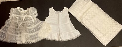 Vintage Newborn Lace Baptism Dress White Christening Gown +Blanket in Orig Box!
