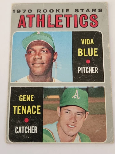 1970 TOPPS BASEBALL #21 ATHLETICS ROOKIES VIDA BLUE / GENE TENACE w creases