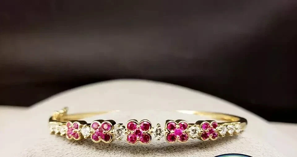 4CT Round Cut Simulated Ruby Women's Bangle Bracelet 8" 14K Yellow Gold Plated - Image 2 of 4
