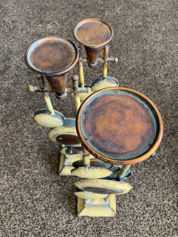 Antiqued Candlestick Holders - Set Of 3 - Rustic Brown Tones- Metal, Unique Set - Image 3 of 4