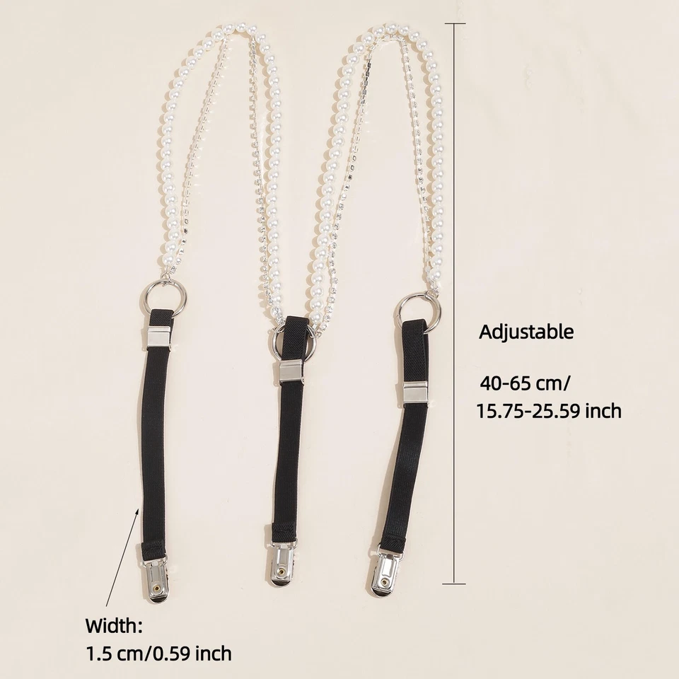 Women Pearl Rhinestone Chain Clips Strap Belt Hanging Pants Clip Suspender Belt - Image 3 of 4