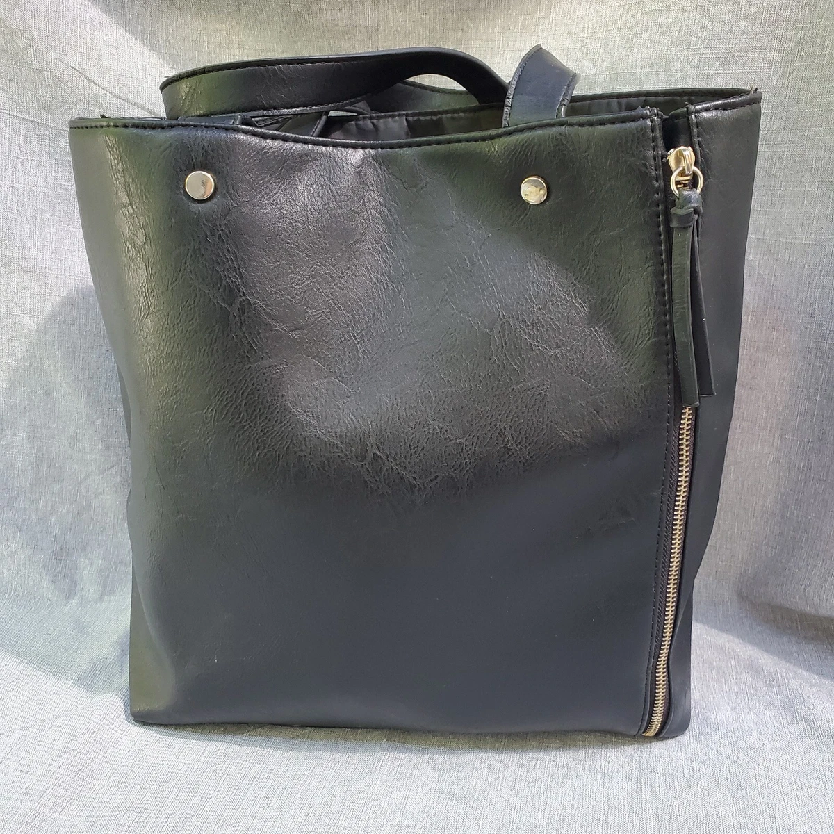 Neiman Marcus Black Faux Leather Open Top Tote Bag with Side Zippers