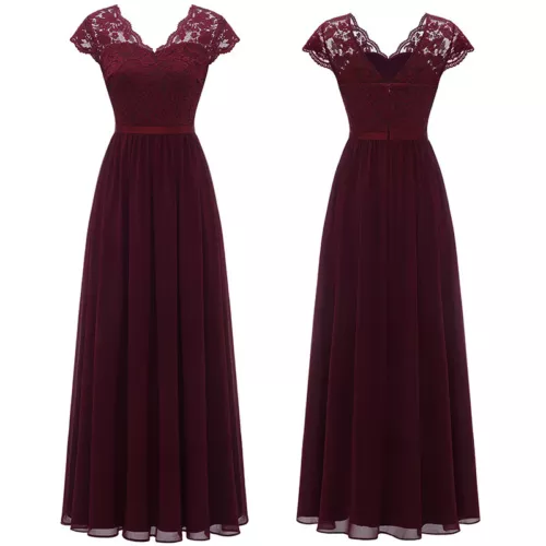 Schickes Damen Spitze Maxi Chiffon Brautjungfer formell Abschlussball Abend Hochzeit Party Kleid - Bild 11 von 34