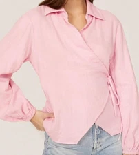 Pink Cotton 90s Wrap Tie Collared Shirt Blouse Work Love Whit WhitneyPort XS NEW