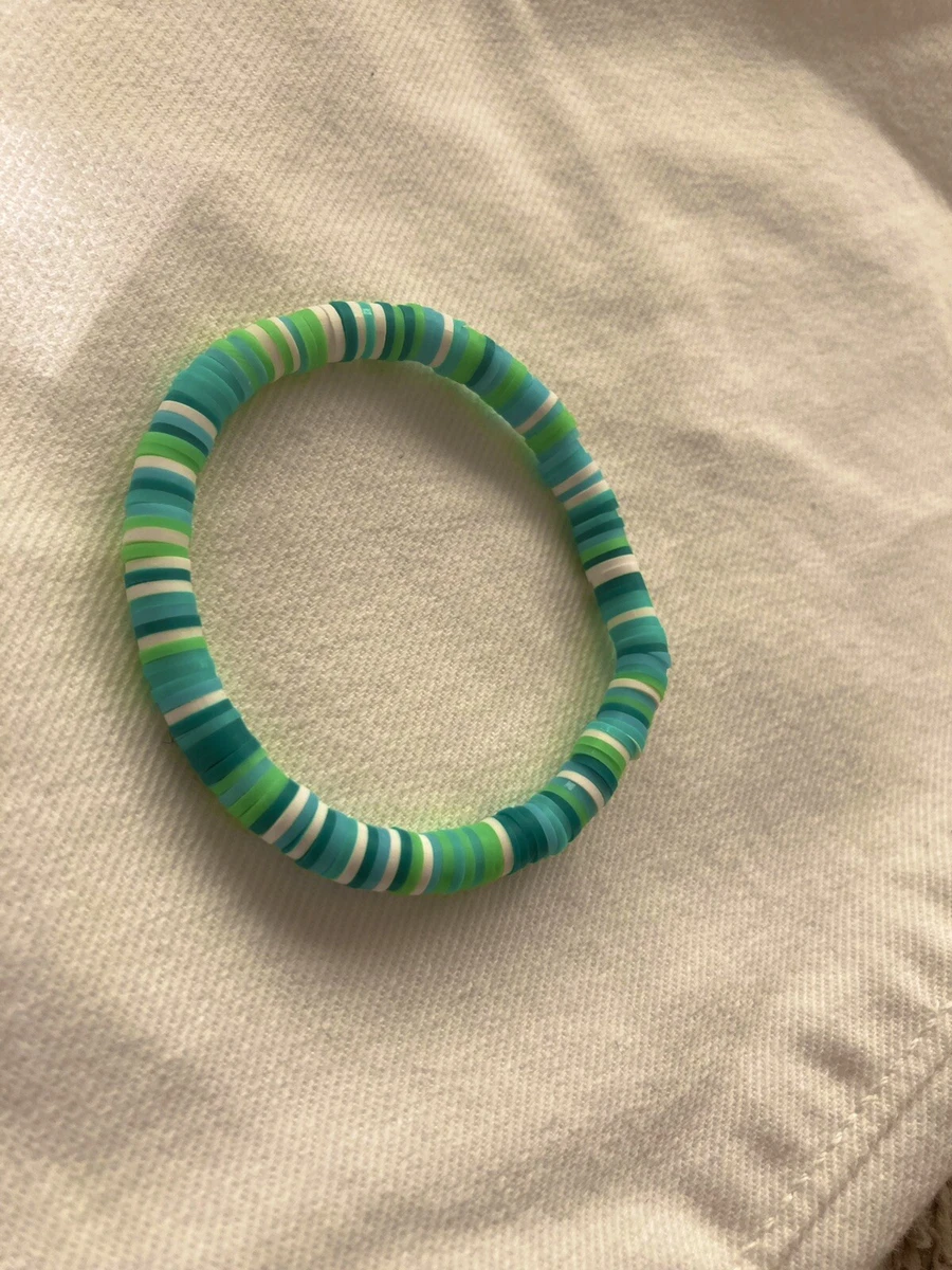 Green Light Blue And White Clay Beaded Bracelet