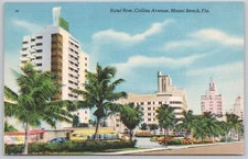 Miami Beach Florida Linen Postcard Hotel Row Collins Avenue