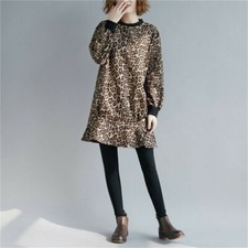 Women Leopard Print Dress Ruffle Long Sleeve Loose Round Neck Casual Shirtdress