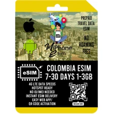 Colombia Travel eSIM Prepaid 1-3GB  7-30 days 4G LTE Network QR Activation