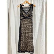 Express Black Lace Sleeveless Midi Dress Tan Lining Satin Trim XS S