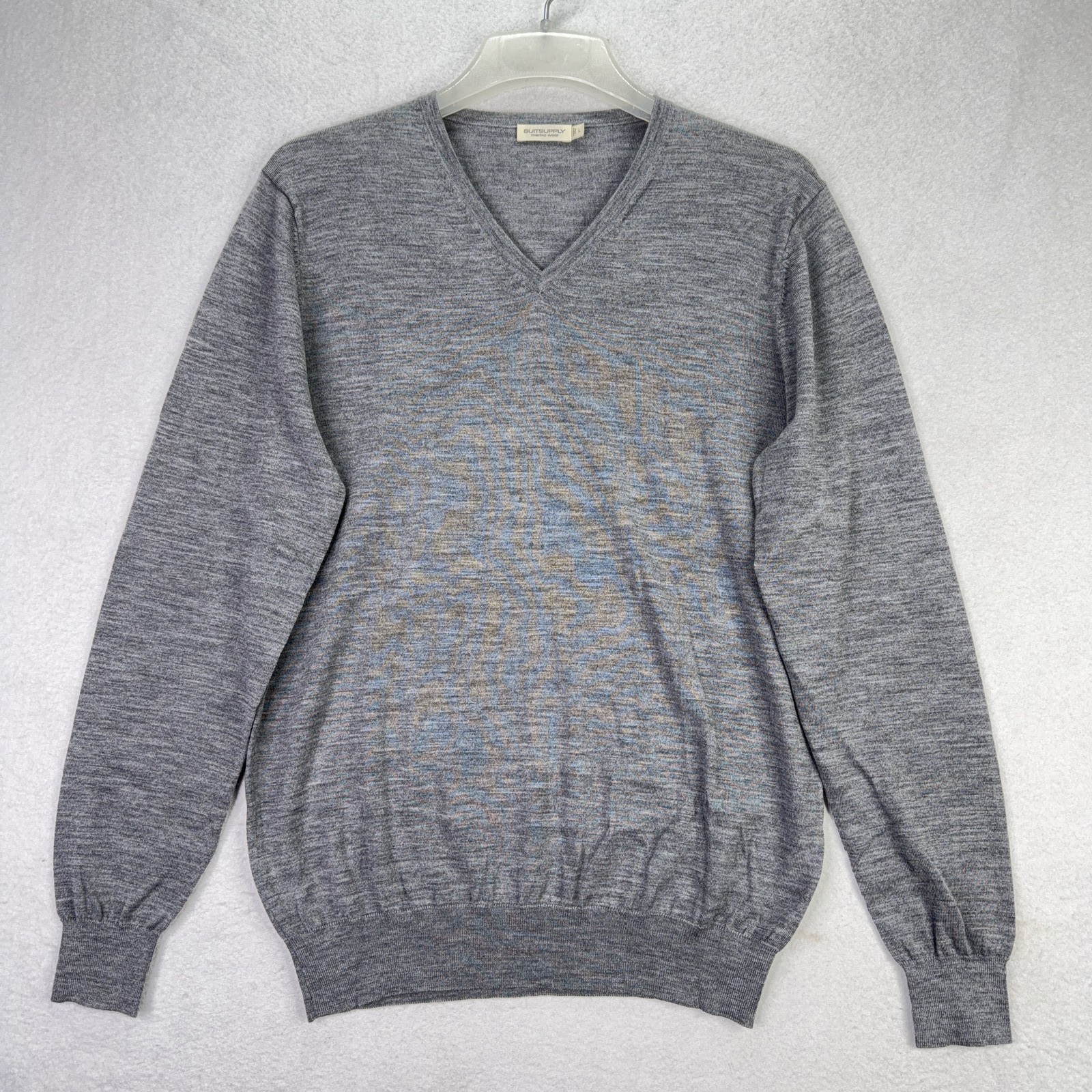 Suitsupply Men's Large Sweater Gray Merino Wool V-Neck Pullover Lightweight Knit