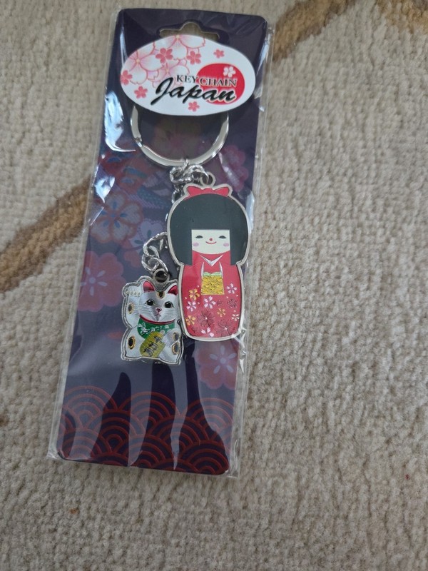 Japanese DOLL Keychain Keyring Bag Charm 2 Charms- Cat And Girl With Kimono 