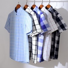 Mens Dress Shirts Short Sleeves Formal Business No Iron Plaids Casual Shirts Top