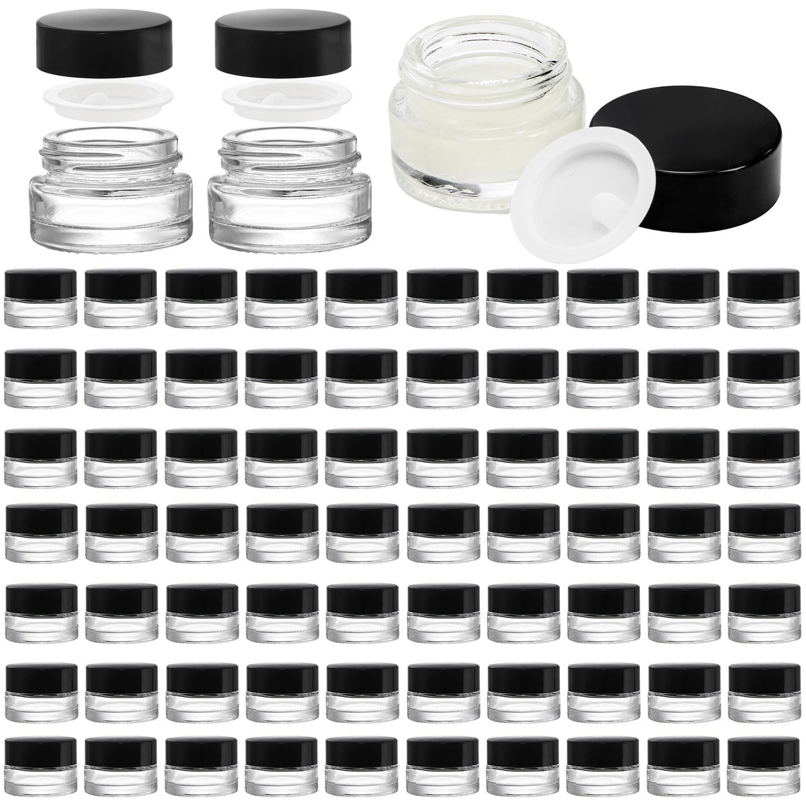 90 Pack 5ml Empty Glass Jars with Black Lid, Clear Airtight Cosmetics Contain...