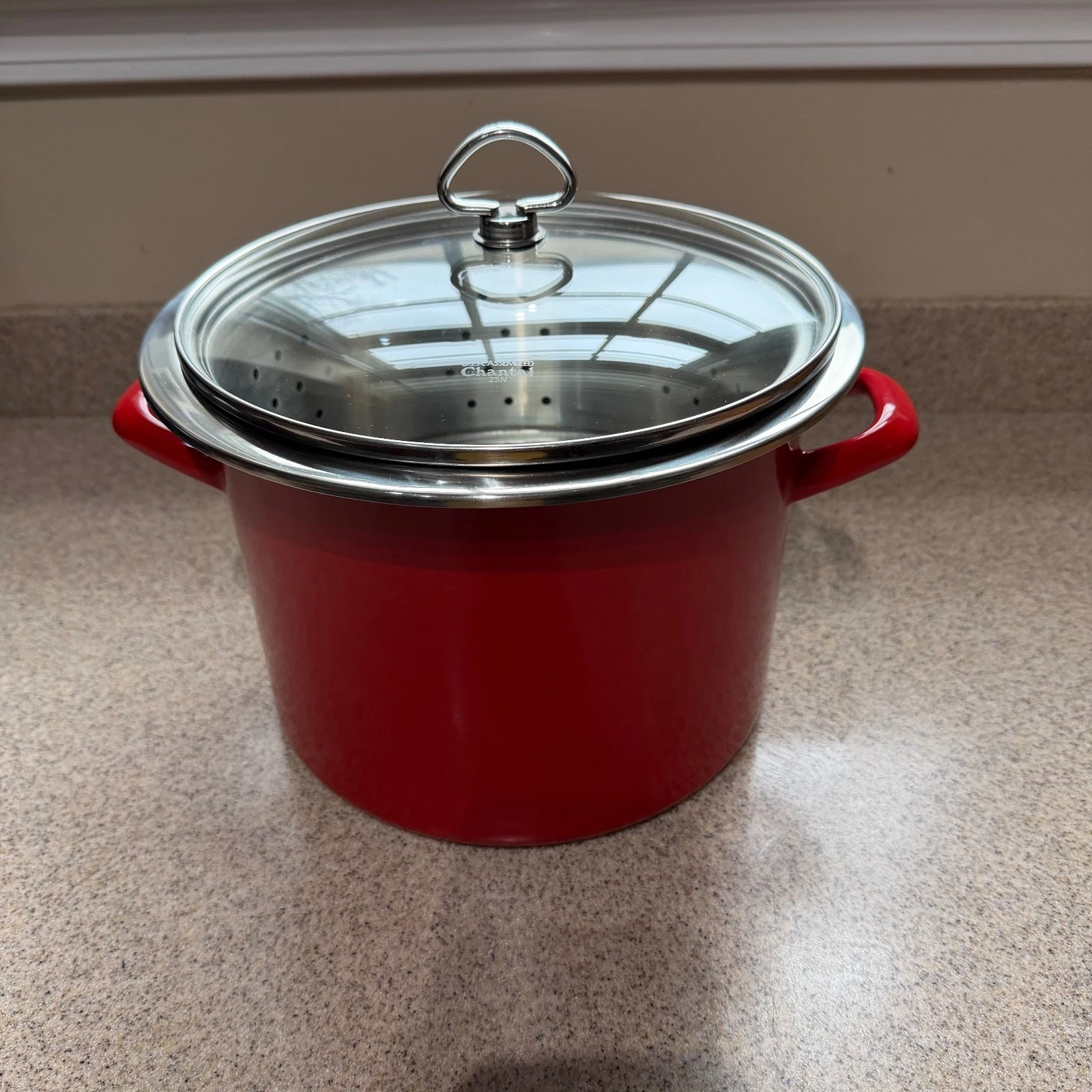 vintage red enamel on steel Chantal stockpot with lid, steamer and pasta inserts