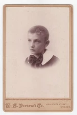 Antique Cabinet Card Of Young Boy Wearing Bow Very Nice Back Plate Chicago Ill