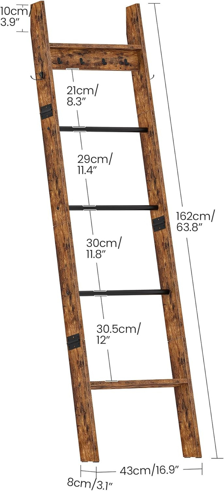 5-Tier Blanket Ladder, Wooden Blanket Display Rack, Towel Ladder with Hooks, Wal