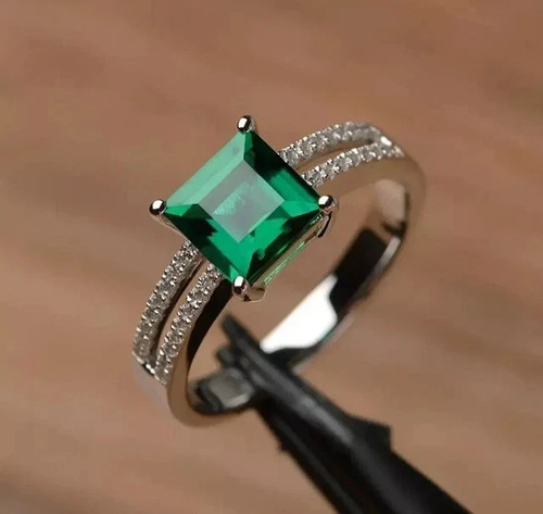 2.30 Ct Princess Cut Natural Emerald & Diamond Wedding Ring 14K White Gold