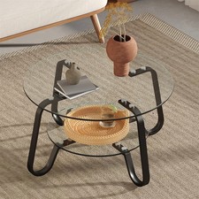 Retro Double-layer Coffee Table Tempered Glass Center Table for Living Room