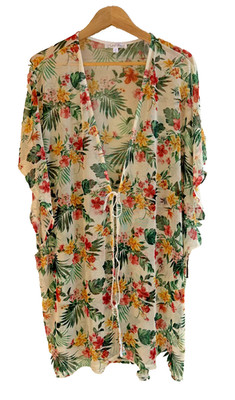 Lavish Plus Size 2X Tropical Floral Swim Cover Up Kimono Sheer Duster EUC Boho
