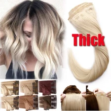 200G Double Weft THICK Clip In Remy Human Hair Weave Extensions Full Head Blonde