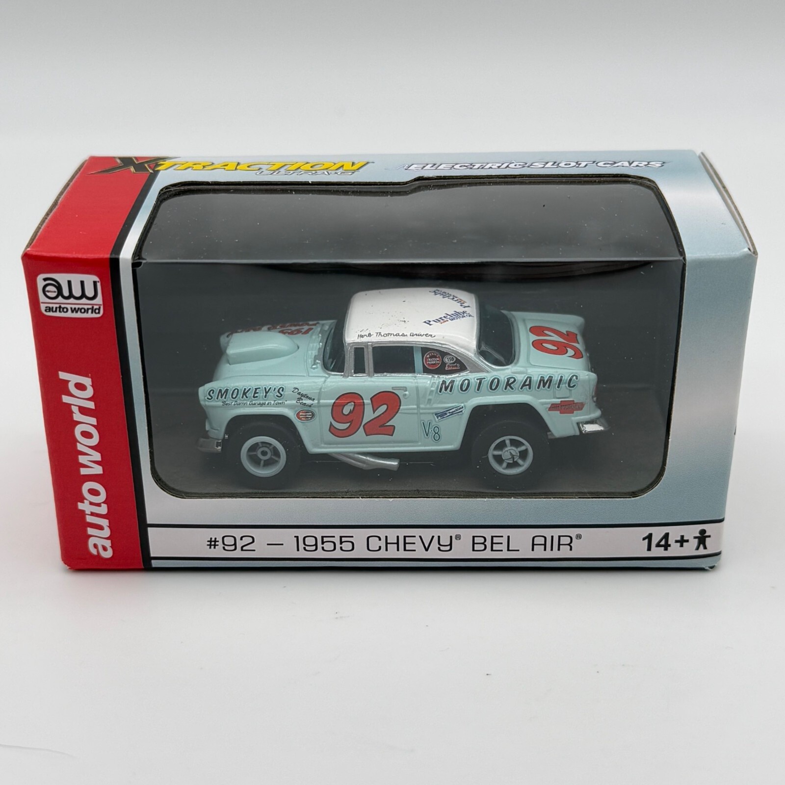 Auto World Xtraction Ultra-G 1955 Chevy Bel Air #92 Smokey's Blue HO Slot Car