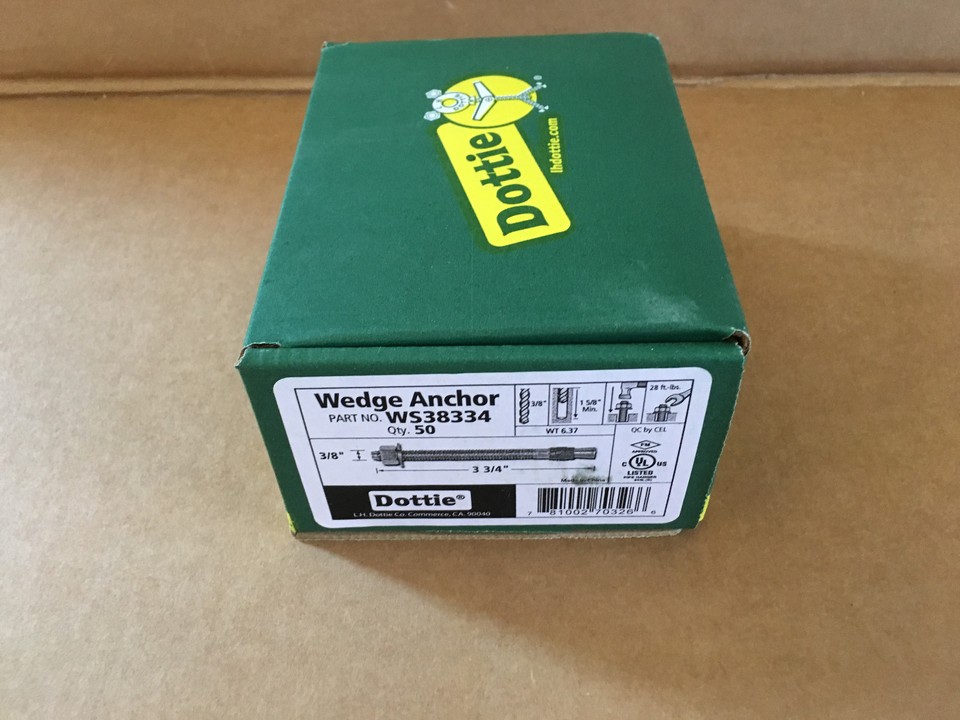 L. H. Dottie W38234 Full-Thread Wedge Anchors, 3/8 X 2-3/4 In. Zinc Plated, Pack