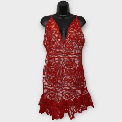 Charlotte Russe Red Crochet Lace Ruffle Hem V-Neck Mini Dress Size Large |  eBay