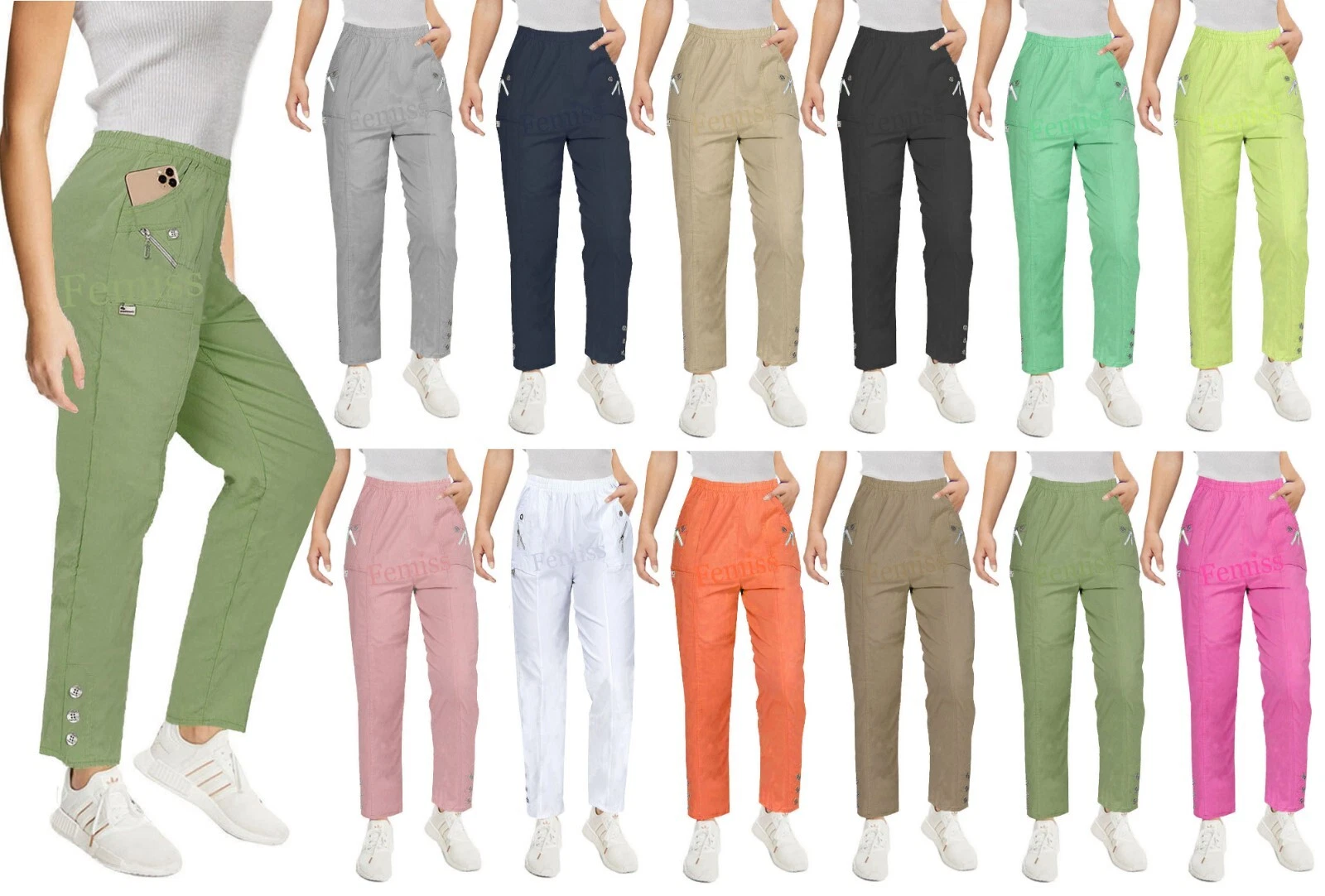 Womens Trousers Pull On Casual Elasticated High Waist Stretch Full length Pants