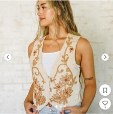 Vintage Red Rover Beaded Western Vest Size Small Neutral Cream Tan