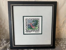 Lezlie Lenz Original Watercolor Painting "Checks & Ferns" Matted & Framed