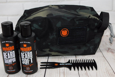 WILD WILLIES ProGro Fortified Beard Shampoo/Conditioner/Comb/Bag 4-piece SET NEW